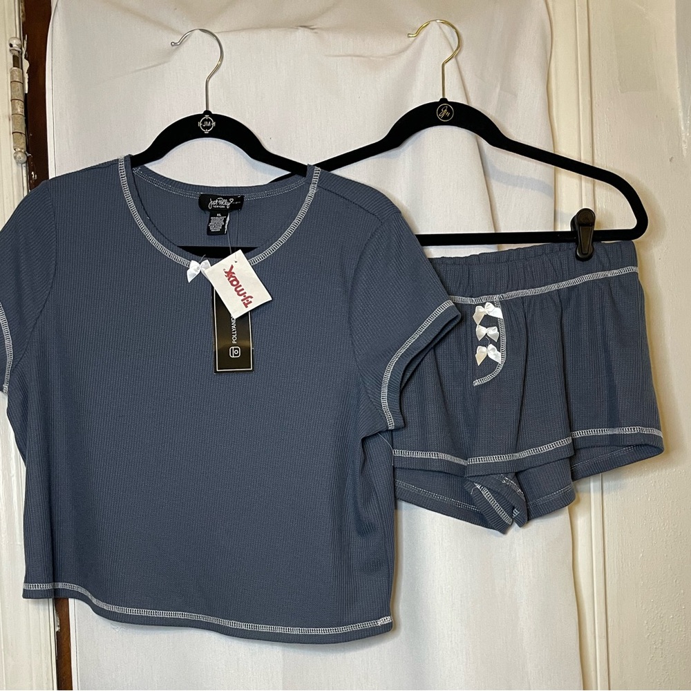 NWT Just Polly New York Women's Blue Waffle Knit Tee and Shorts PJ Set Size XL